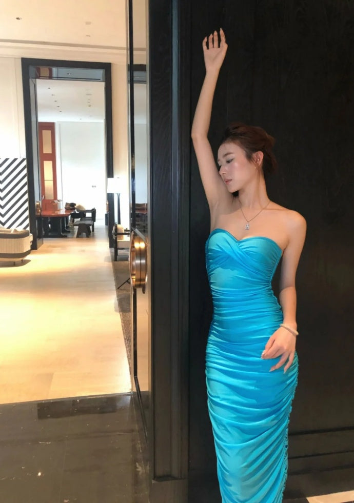Sexy Blue Prom Dress Chiffon Strapless Sheath Evening Dress DP05117