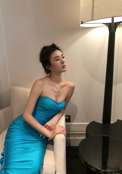Sexy Blue Prom Dress Chiffon Strapless Sheath Evening Dress DP05117