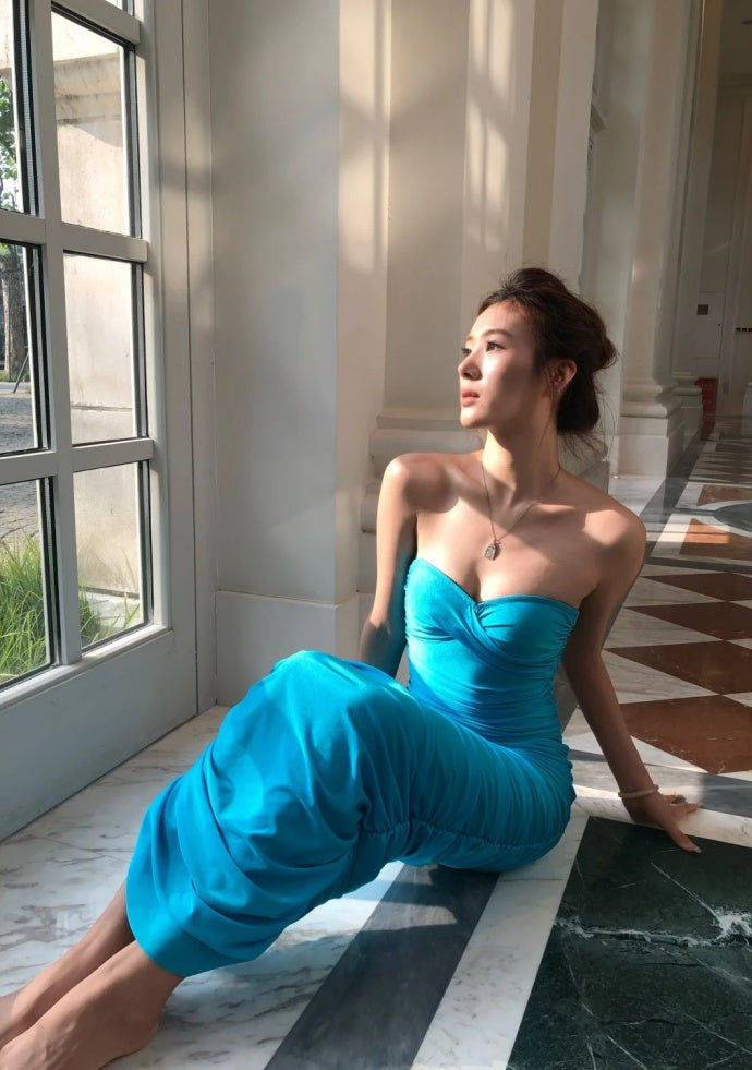 Sexy Blue Prom Dress Chiffon Strapless Sheath Evening Dress DP05117