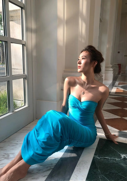 Sexy Blue Prom Dress Chiffon Strapless Sheath Evening Dress DP05117