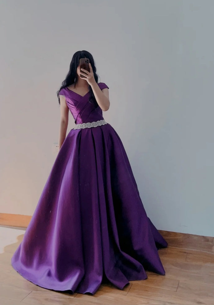 Cute Purple Prom Dress Satin A-Line Evening Dress V-neck Birthday Dress DP05119