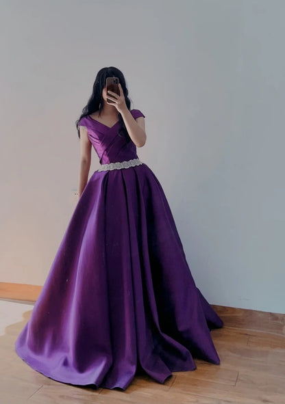 Cute Purple Prom Dress Satin A-Line Evening Dress V-neck Birthday Dress DP05119