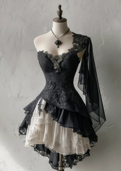 Cute Black Prom Dress One-shoulder A-Line Party Dress Tulle Appliques Short Birthday Dress DP05122