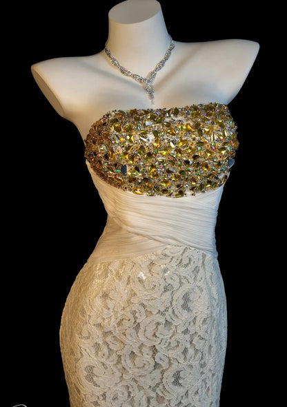 Glam White Prom Dress Strapless Lace Mermaid Evening Dress DP05124