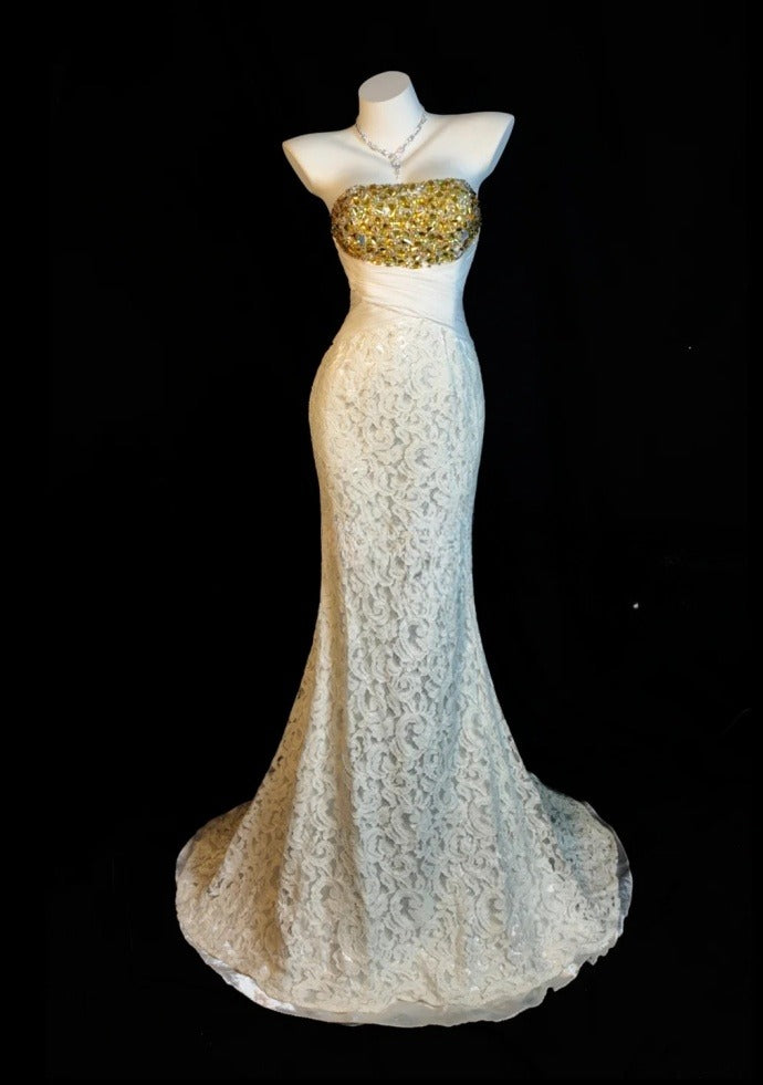 Glam White Prom Dress Strapless Lace Mermaid Evening Dress DP05124