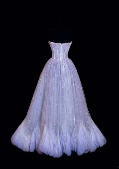 Cute Purple Prom Dress Tulle Strapless A-Line Evening Dress Sleeveless Sweet 16 Dress DP05126