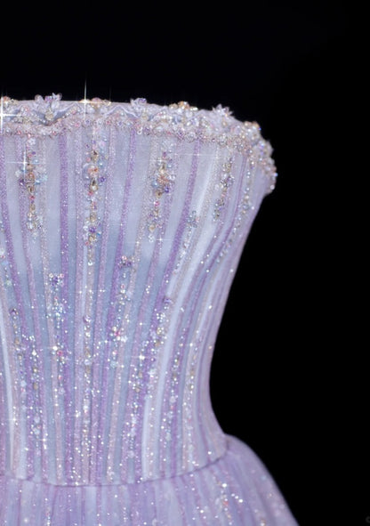 Cute Purple Prom Dress Tulle Strapless A-Line Evening Dress Sleeveless Sweet 16 Dress DP05126