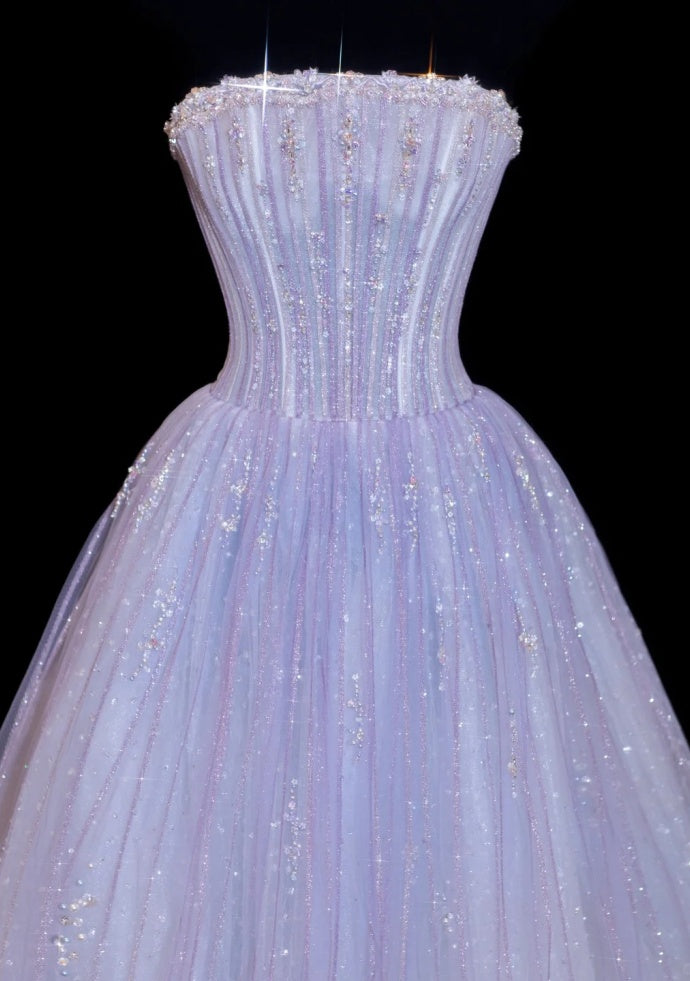 Cute Purple Prom Dress Tulle Strapless A-Line Evening Dress Sleeveless Sweet 16 Dress DP05126