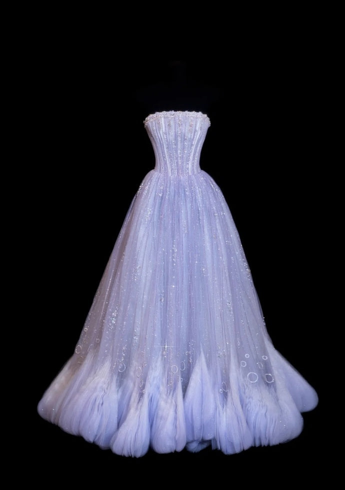 Cute Purple Prom Dress Tulle Strapless A-Line Evening Dress Sleeveless Sweet 16 Dress DP05126