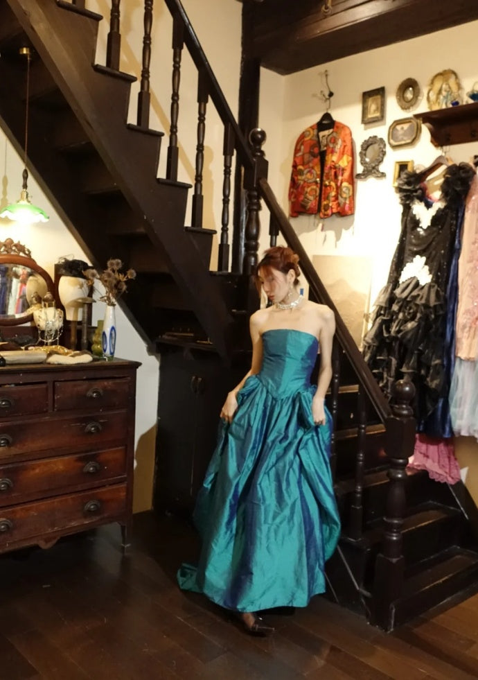 Cute Teal Prom Dress Strapless A-Line Birthday Dress Satin Sleeveless Evening Dress DP05130