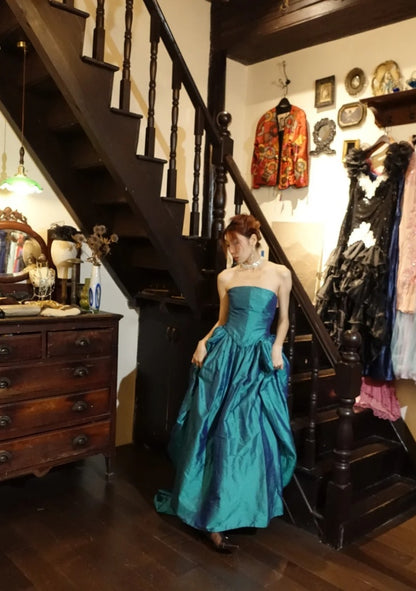 Cute Teal Prom Dress Strapless A-Line Birthday Dress Satin Sleeveless Evening Dress DP05130