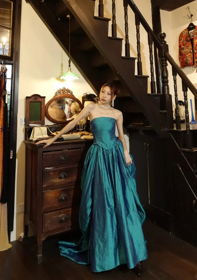 Cute Teal Prom Dress Strapless A-Line Birthday Dress Satin Sleeveless Evening Dress DP05130