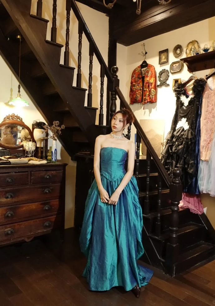 Cute Teal Prom Dress Strapless A-Line Birthday Dress Satin Sleeveless Evening Dress DP05130