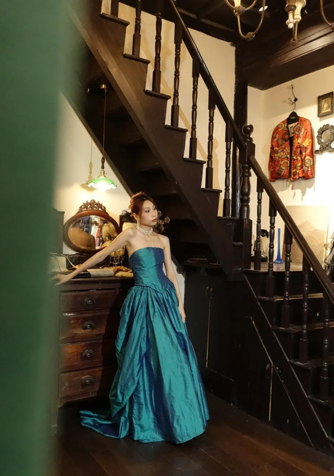 Cute Teal Prom Dress Strapless A-Line Birthday Dress Satin Sleeveless Evening Dress DP05130