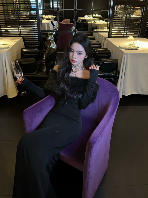 Chic Black Prom Dress Satin Mermaid Off-shoulder Evening Dress Sleeves Birthday Dress DP05228