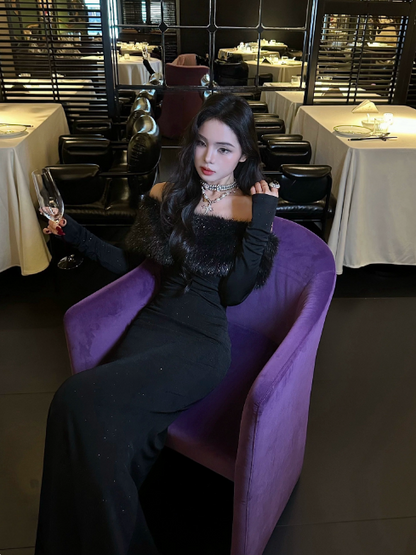 Chic Black Prom Dress Satin Mermaid Off-shoulder Evening Dress Sleeves Birthday Dress DP05228