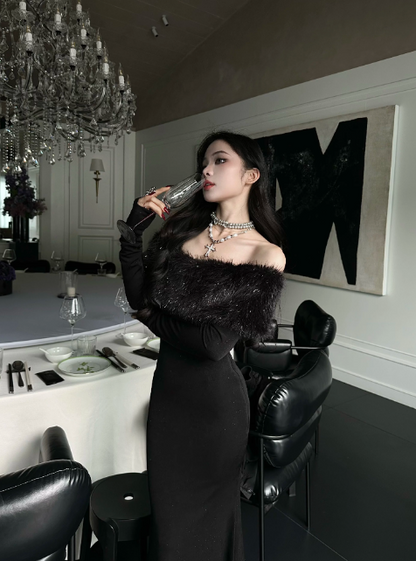 Chic Black Prom Dress Satin Mermaid Off-shoulder Evening Dress Sleeves Birthday Dress DP05228