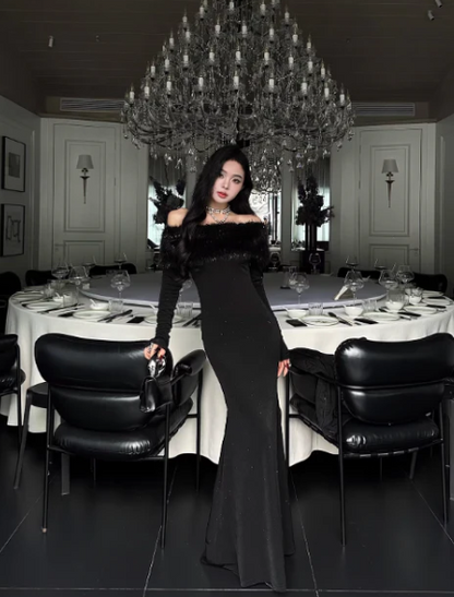 Chic Black Prom Dress Satin Mermaid Off-shoulder Evening Dress Sleeves Birthday Dress DP05228