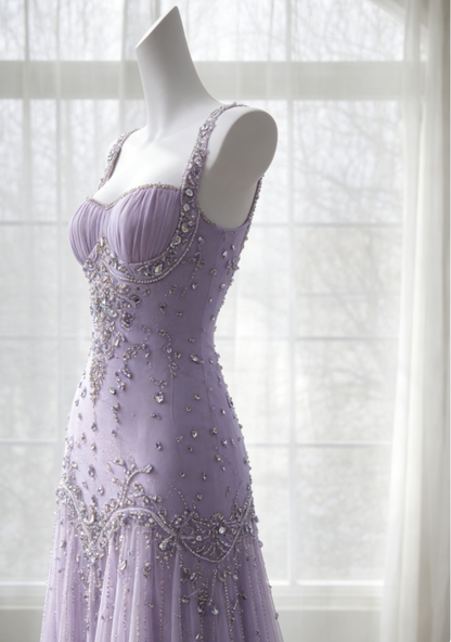 Robe de bal violette élégante, bretelles en tulle perlé, robe de soirée fourreau sans manches, robe d'anniversaire DP05231