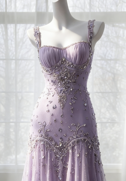 Robe de bal violette élégante, bretelles en tulle perlé, robe de soirée fourreau sans manches, robe d'anniversaire DP05231