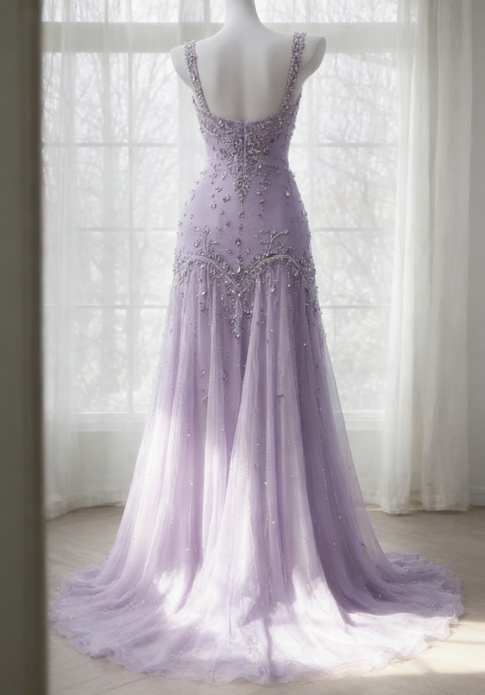 Robe de bal violette élégante, bretelles en tulle perlé, robe de soirée fourreau sans manches, robe d'anniversaire DP05231