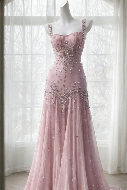 Robe de bal violette élégante, bretelles en tulle perlé, robe de soirée fourreau sans manches, robe d'anniversaire DP05231