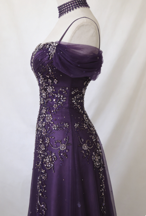 Classy Purple Prom Dress Chiffon Beaded Off-shoulder A-Line Evening Dress Sleeveless Birthday Dress DP05234