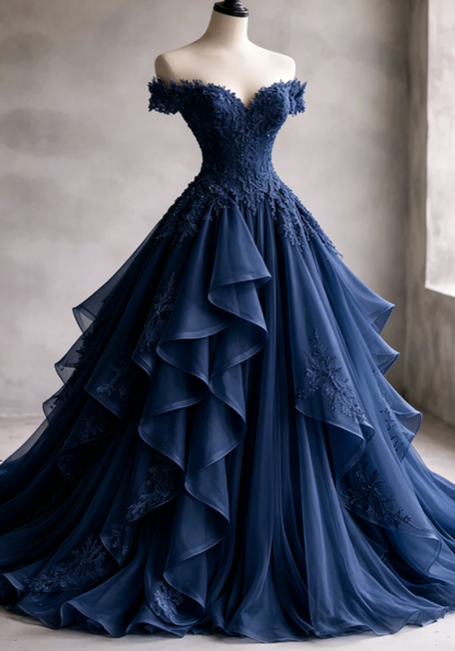 Gorgeous A-Line Long Evening Dress Off-shoulder Tulle Applique Party Dress Pale Blue Prom Dress DP05336