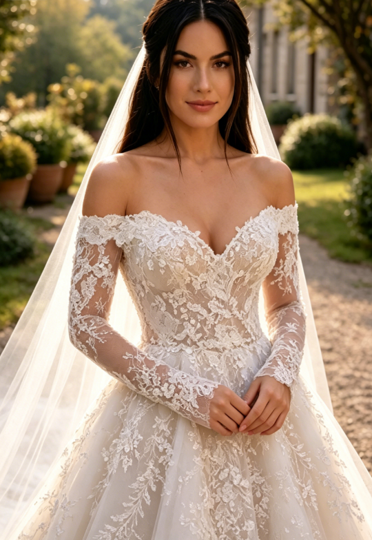Chic A-Line Long Wedding Dress Off-shoulder Tulle Appliques Bridal Gowns White Sleeves Bridal Dress DP05342