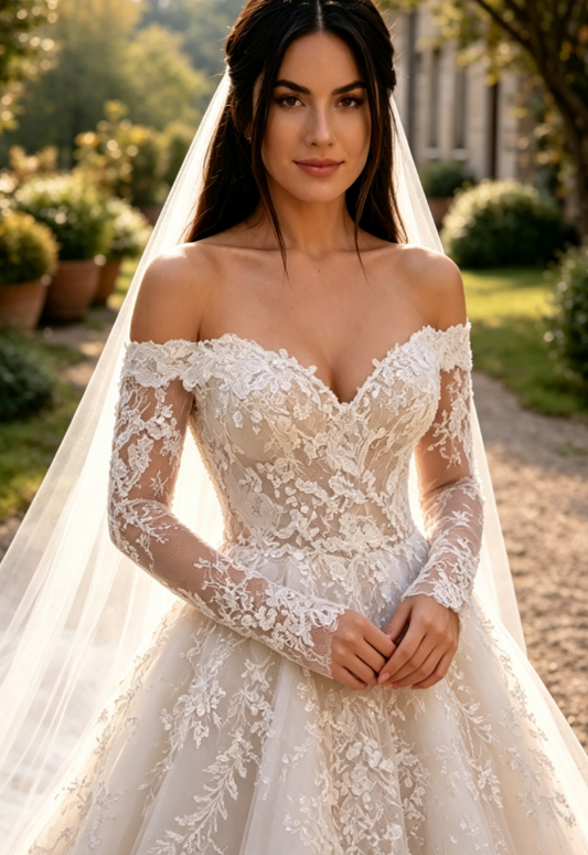Elegantes A-Linien-Hochzeitskleid Lang Off-Shoulder Tüll-Applikationen Brautkleid Weiß Ärmel Brautkleid DP05342