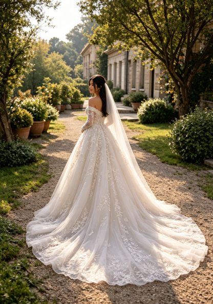 Chic A-Line Long Wedding Dress Off-shoulder Tulle Appliques Bridal Gowns White Sleeves Bridal Dress DP05342