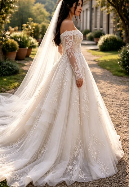Chic A-Line Long Wedding Dress Off-shoulder Tulle Appliques Bridal Gowns White Sleeves Bridal Dress DP05342