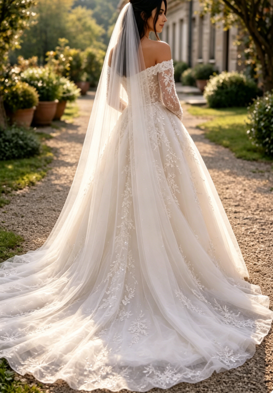 Chic A-Line Long Wedding Dress Off-shoulder Tulle Appliques Bridal Gowns White Sleeves Bridal Dress DP05342