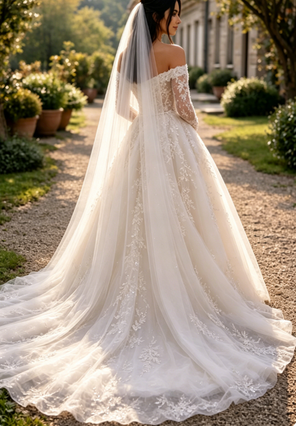 Chic A-Line Long Wedding Dress Off-shoulder Tulle Appliques Bridal Gowns White Sleeves Bridal Dress DP05342