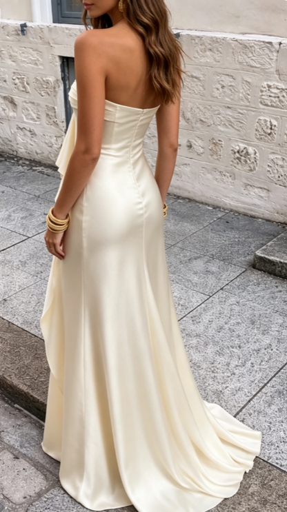 Chic Champagne Long Evening Dress  Strapless Sheath Satin Wedding Guest Dress DP05353