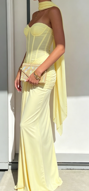 Simple Yellow Wedding Guest Dress Sweetheart Sheath Chiffon Long Evening Dress DP05389