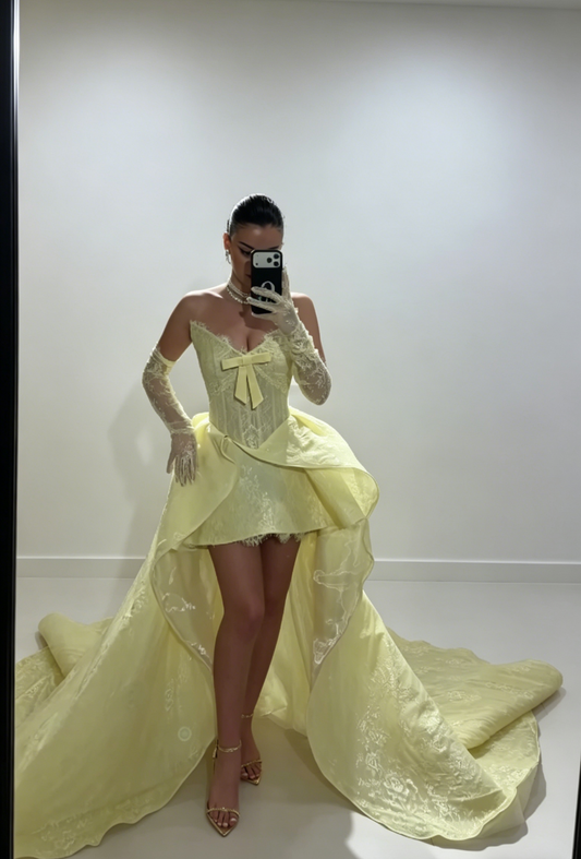 Chic Yellow Cocktail Dress Sweetheart A-Line Graduation Party Dress Lace Birthday Dress DP05420