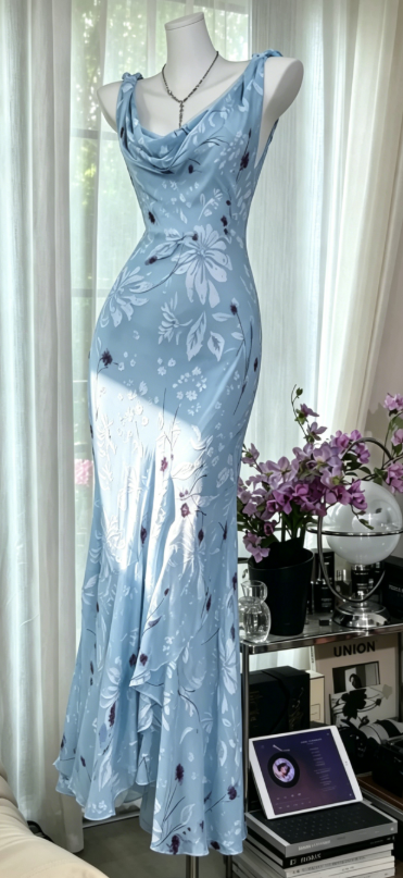 Robe de soirée longue en mousseline fourreau à bretelles élégantes, bleu, pour invitée de mariage DP05461