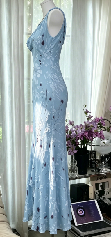 Robe de soirée longue en mousseline fourreau à bretelles élégantes, bleu, pour invitée de mariage DP05461