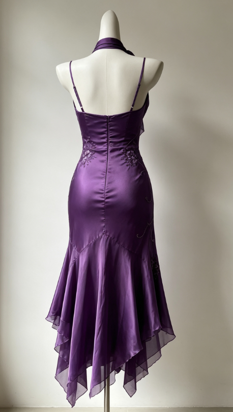 Fashion Spaghetti Straps Sheath Satin Long Evening Dress Purple Prom Dress DP05599