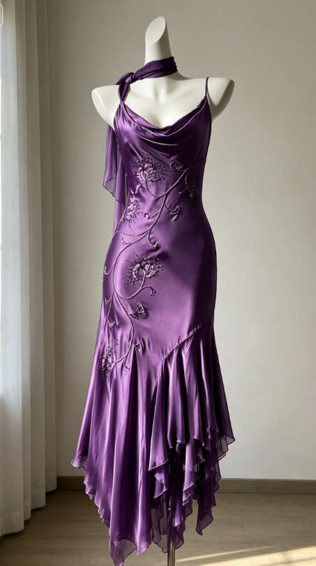 Fashion Spaghetti Straps Sheath Satin Long Evening Dress Purple Prom Dress DP05599
