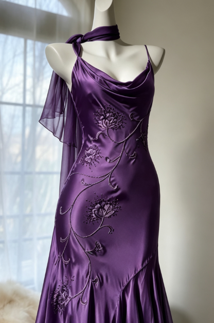 Fashion Spaghetti Straps Sheath Satin Long Evening Dress Purple Prom Dress DP05599