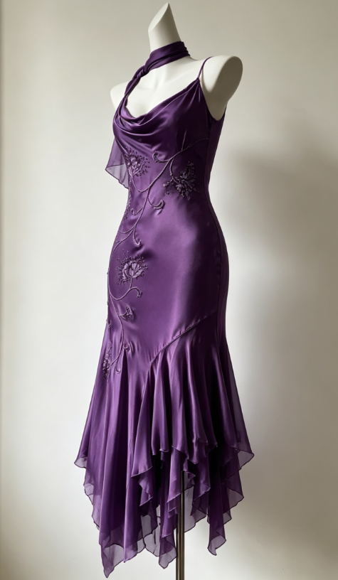 Fashion Spaghetti Straps Sheath Satin Long Evening Dress Purple Prom Dress DP05599