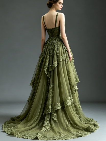 Chic Spaghetti Straps A-Line Tulle Applique Evening Dress Olive Green Prom Dress DP05622