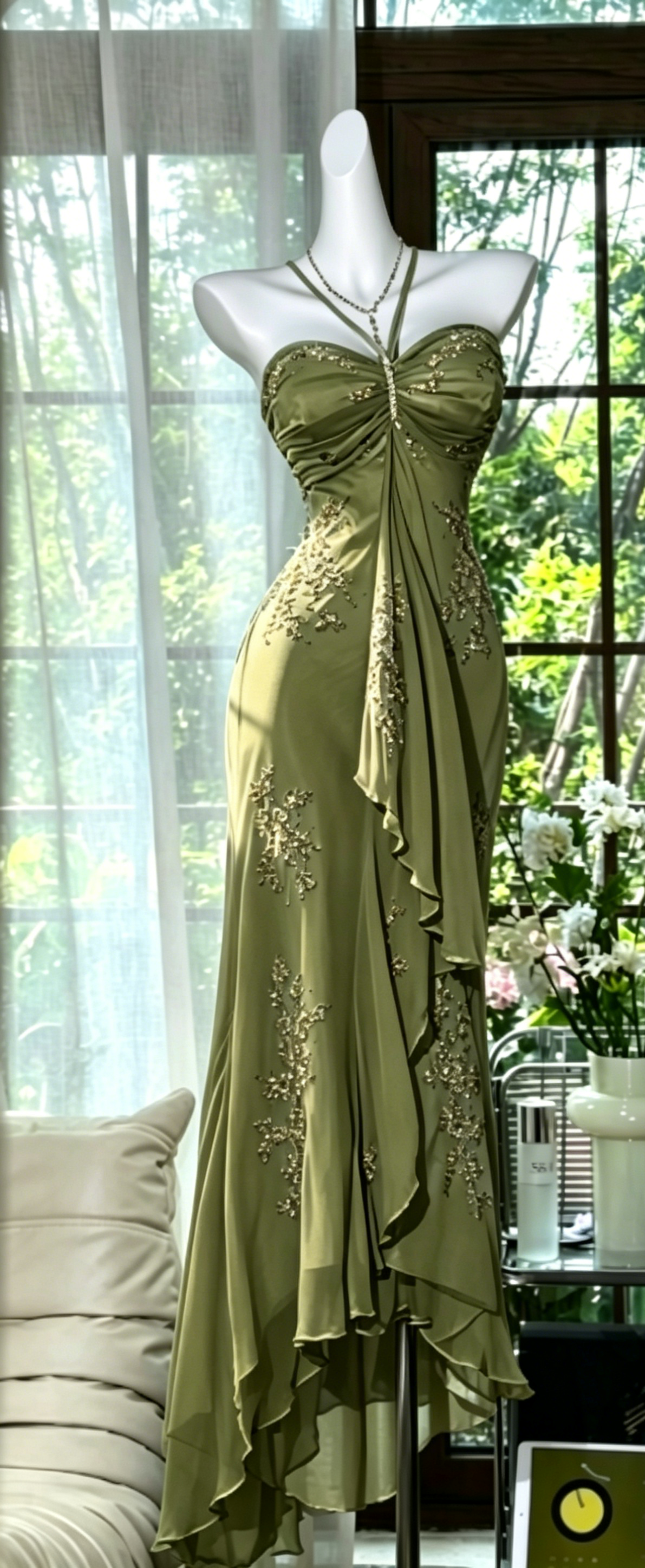 Chic Halter Sheath Chiffon Beaded Long Evening Dress Dusty Blue Prom Dress DP05631
