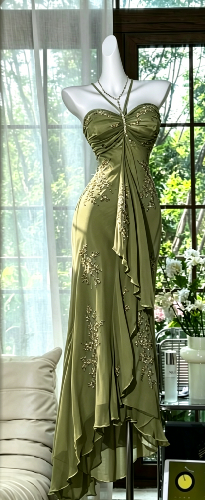 Chic Halter Sheath Chiffon Beaded Long Evening Dress Dusty Blue Prom Dress DP05631