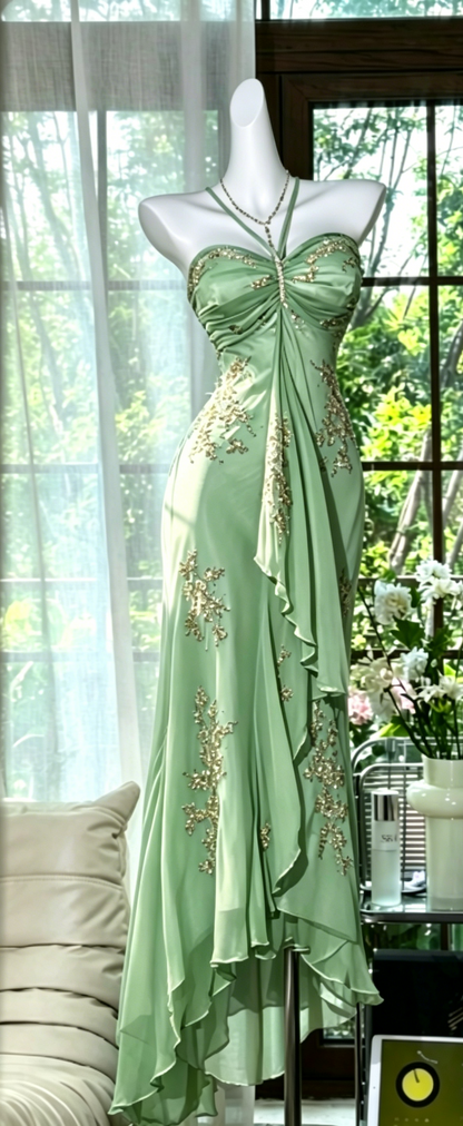 Chic Halter Sheath Chiffon Beaded Long Evening Dress Dusty Blue Prom Dress DP05631
