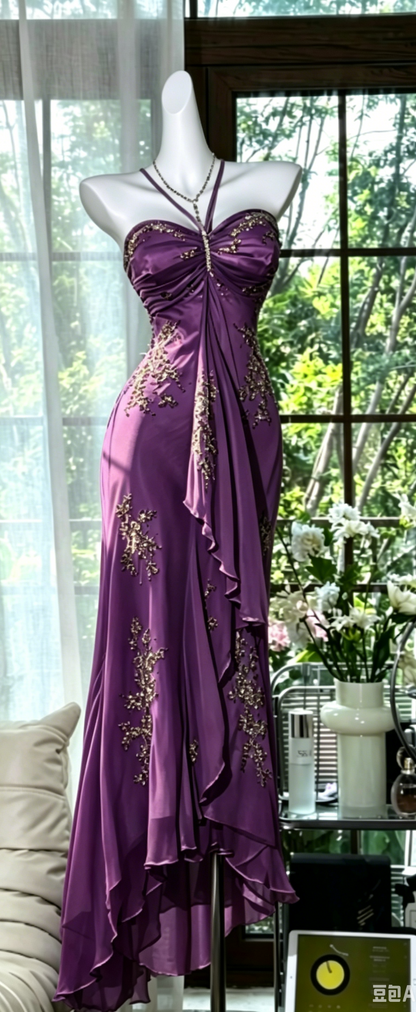 Chic Halter Sheath Chiffon Beaded Long Evening Dress Dusty Blue Prom Dress DP05631