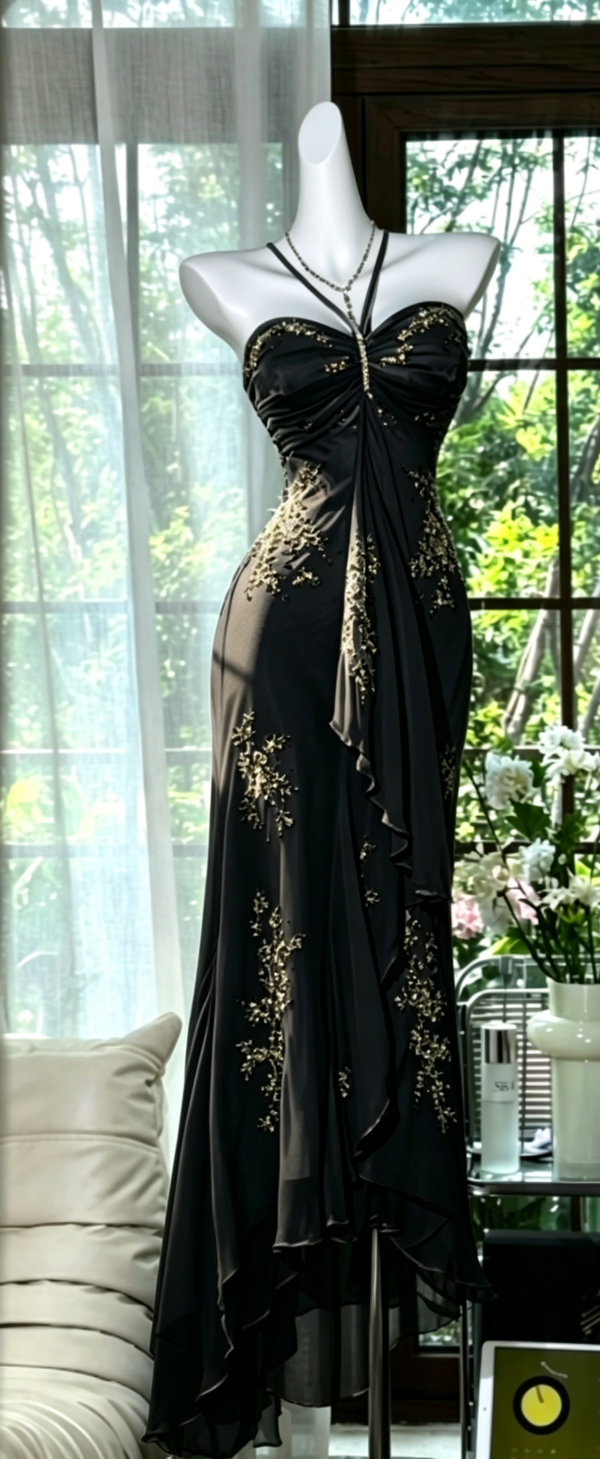 Chic Halter Sheath Chiffon Beaded Long Evening Dress Dusty Blue Prom Dress DP05631