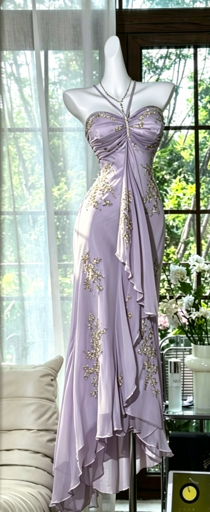 Chic Halter Sheath Chiffon Beaded Long Evening Dress Dusty Blue Prom Dress DP05631